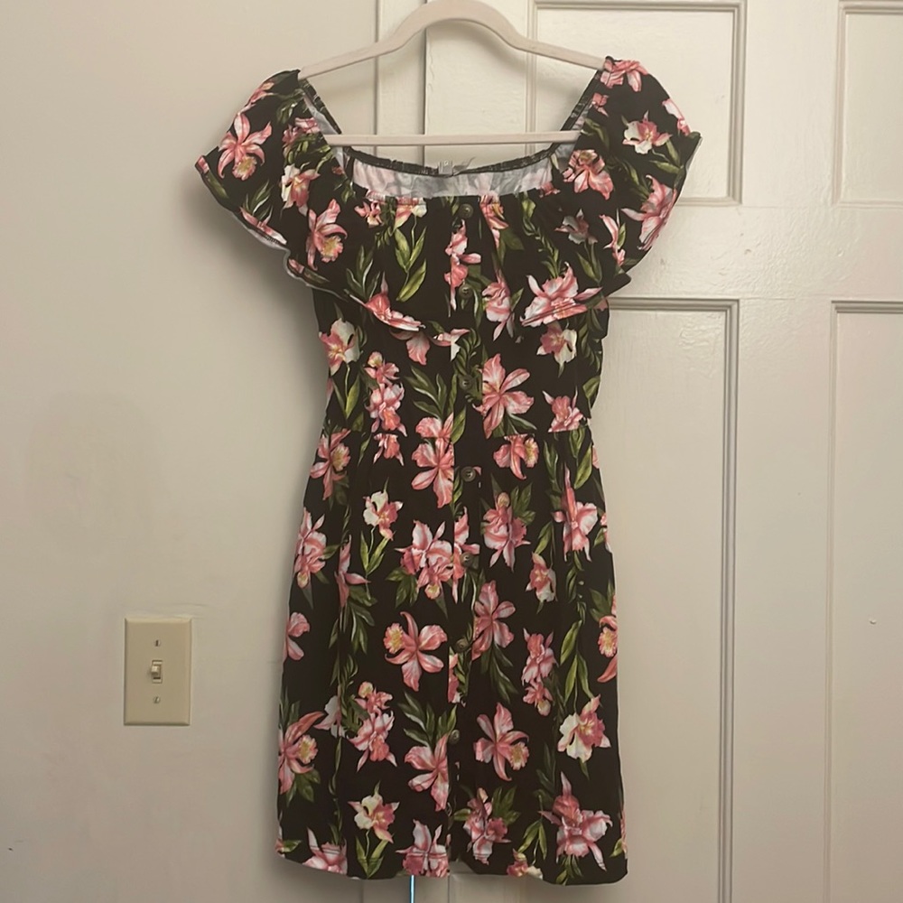 Black off shoulder dress with pink flower pattern